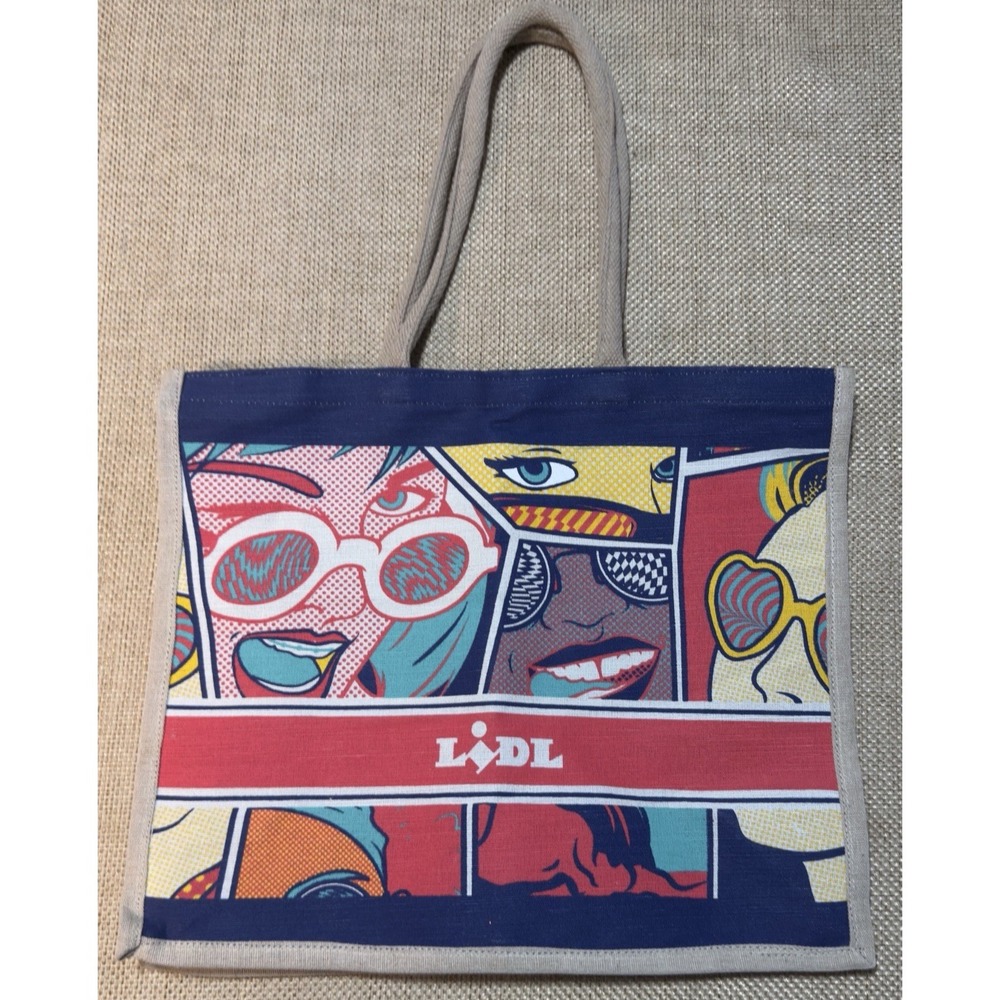 LIDL‎ Tote Bag Pop Art Colorful Comic Jute Shopper Trader Joes Travel Festival